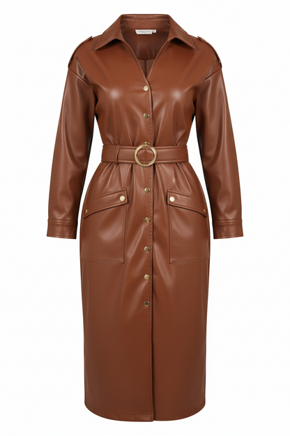 V-neck PU Leather Stitching Dress