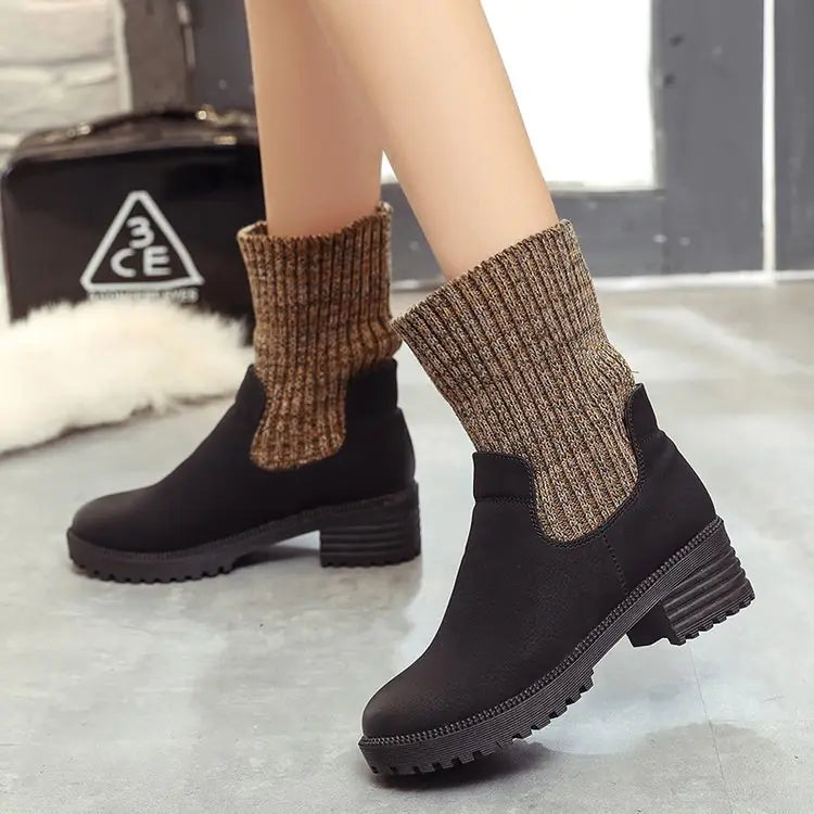 Wool Knit Short Boots with Chunky Heels and Thick Sole