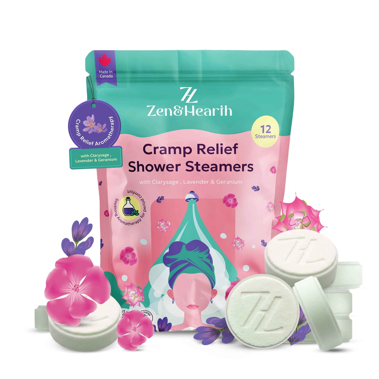 Zen & Hearth Period Cramp Relief Shower Steamers - Handcrafted Aromatherapy Tablets with Clary Sage, Lavender & Geranium for Period Pain Relief & Relaxation Made in Canada