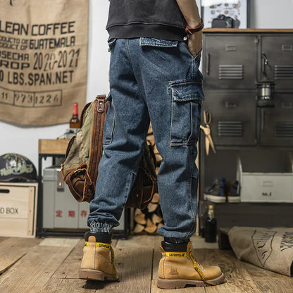 Men's Loose-Fit Harem Denim Cargo Pants with Pockets