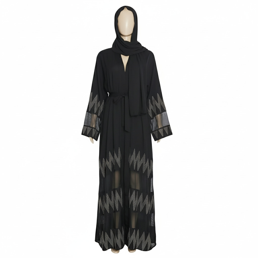 Women's Muslim Black Long Robe with Embellishments