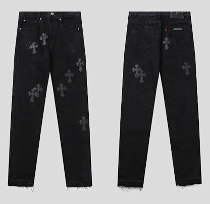 Retro Cross Rhinestone Black Jeans