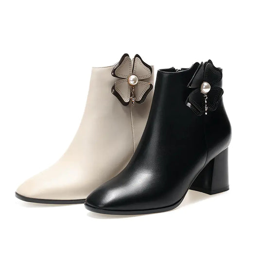 Women's Leather Ankle Boots with Square Toe and Chunky Heel
