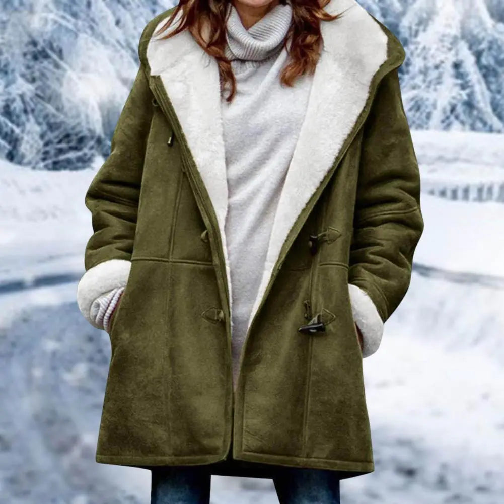 Chic Fuzzy Hooded Jacket with Horn Buttons