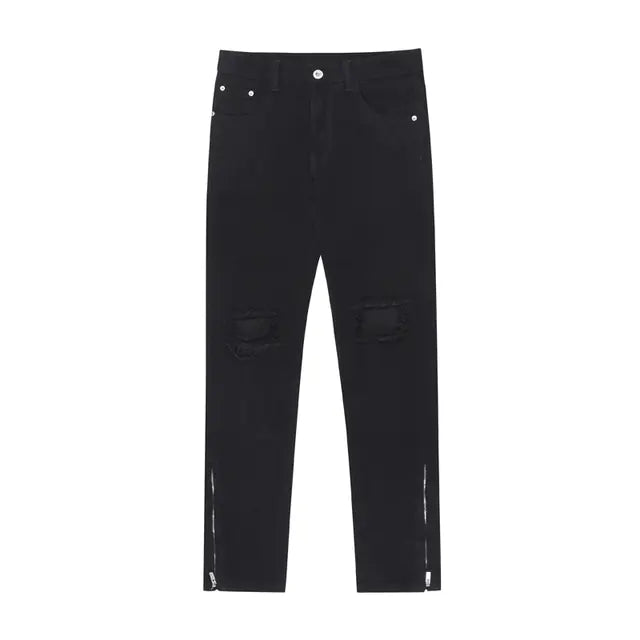 High Street Zipper Flared Ripped Black Jeans