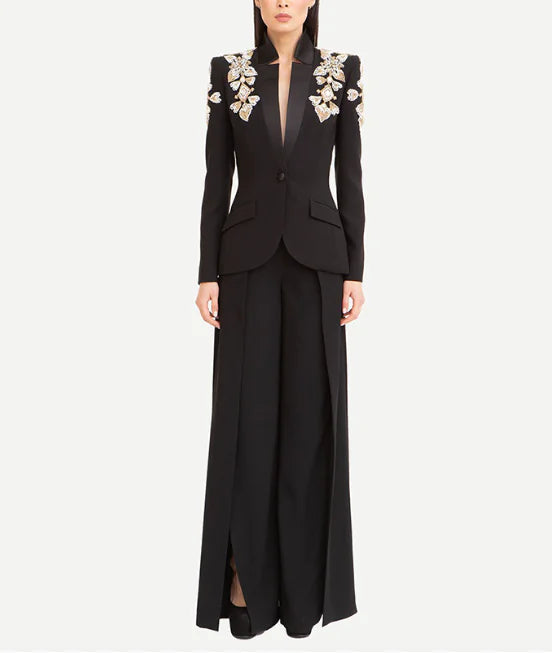 Chic Rhinestone Beaded Blazer & Trousers Set