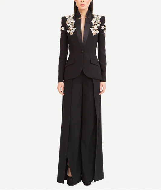 Chic Rhinestone Beaded Blazer & Trousers Set