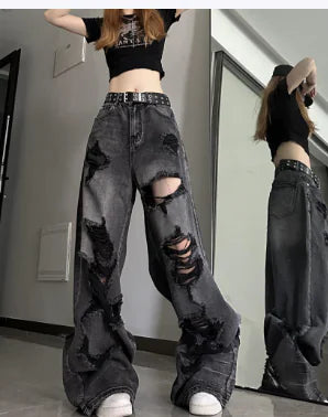Dark Black Ripped Wide Leg Denim Jeans