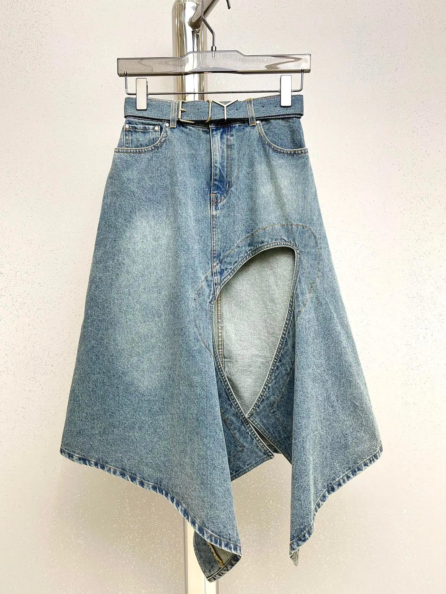 Deconstructed Hollow-Slit Denim Skirt
