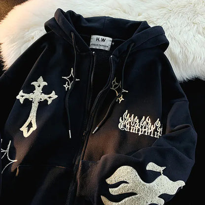 Retro Embroidered Zipper Hoodie Sweatshirt