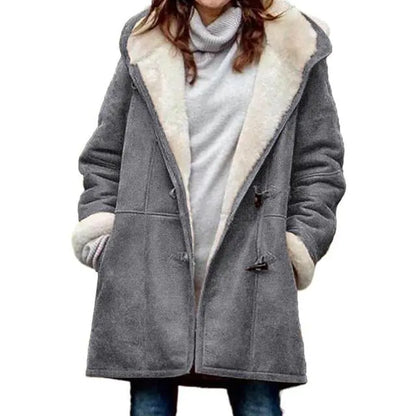 Chic Fuzzy Hooded Jacket with Horn Buttons