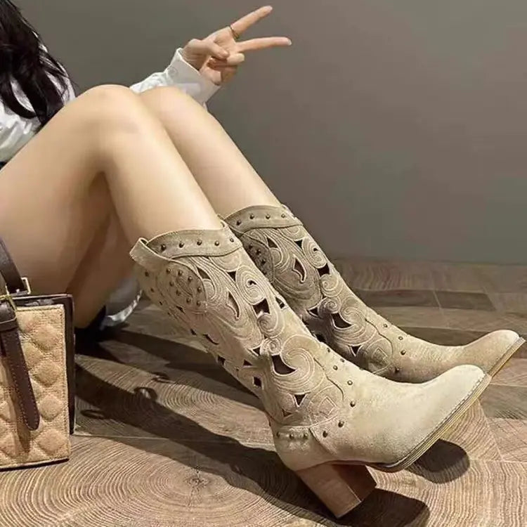 Women's Chic Embroidered Western Boots with Chunky Heel