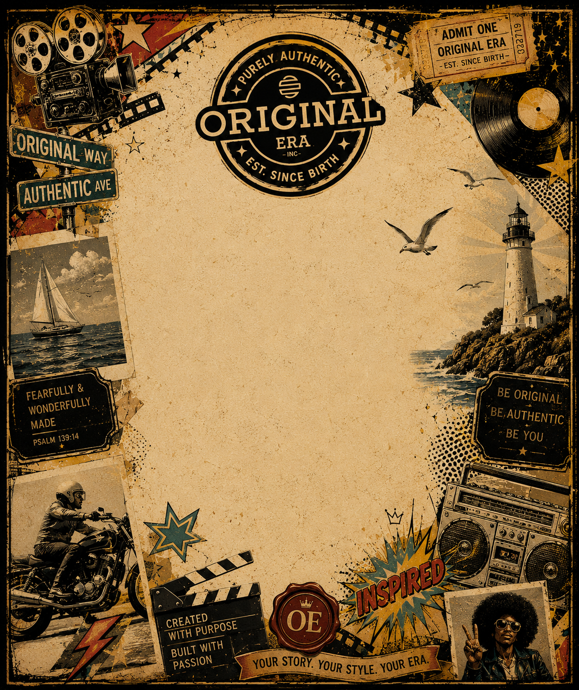Vintage-style poster design with a large blank beige center and illustrated border elements including a lighthouse, motorcycle, sailor, record player, stars, and text such as 'Original Era' and 'Admit One Original Era.'.