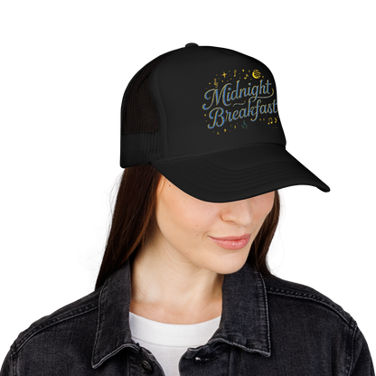 Midnight Breakfast Embroidered Trucker Hat — Retro Night-Sky Foam Cap