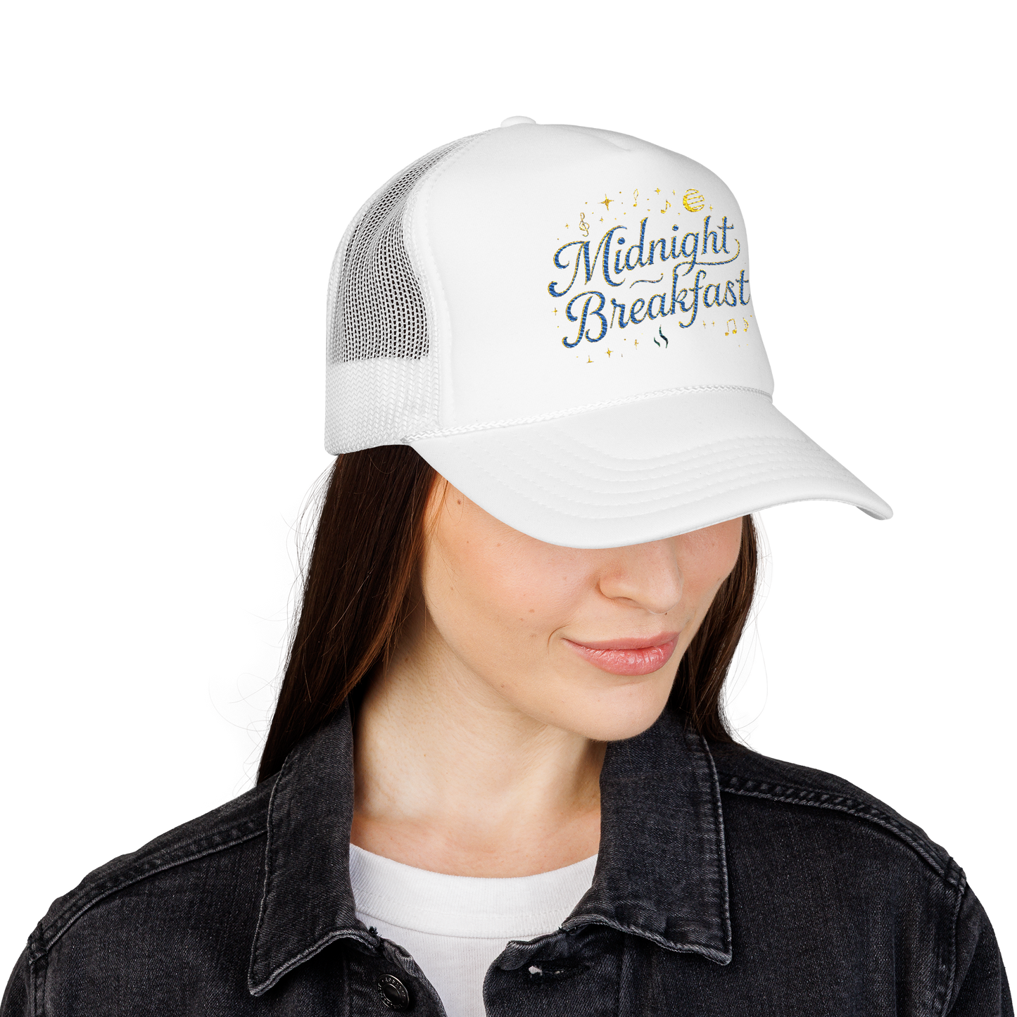 Midnight Breakfast Embroidered Trucker Hat — Retro Night-Sky Foam Cap