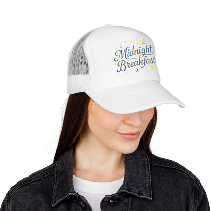 Midnight Breakfast Embroidered Trucker Hat — Retro Night-Sky Foam Cap