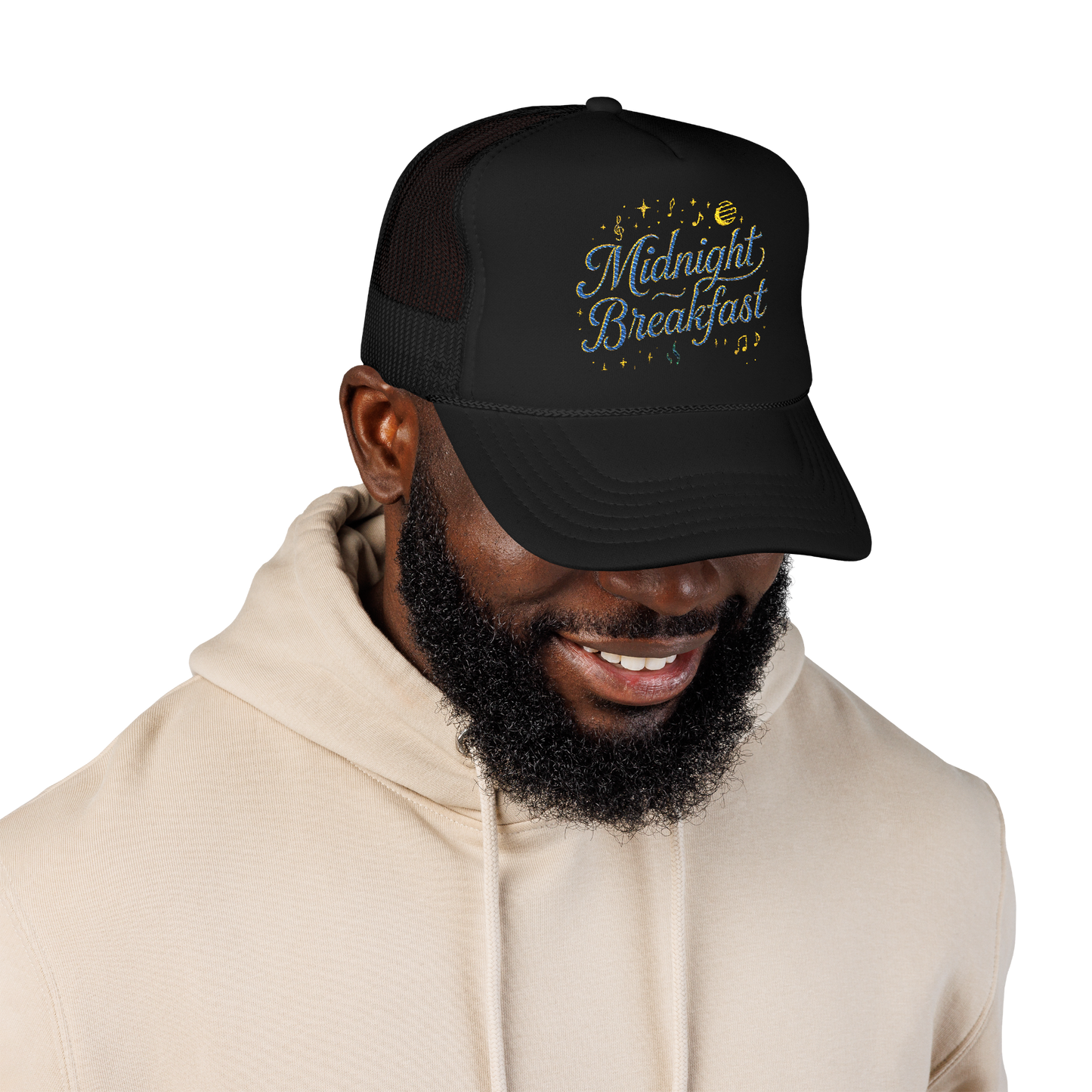 Midnight Breakfast Embroidered Trucker Hat — Retro Night-Sky Foam Cap