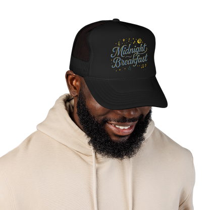 Midnight Breakfast Embroidered Trucker Hat — Retro Night-Sky Foam Cap