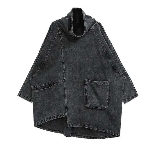 Oversized Black Washed Denim Turtleneck Jacket