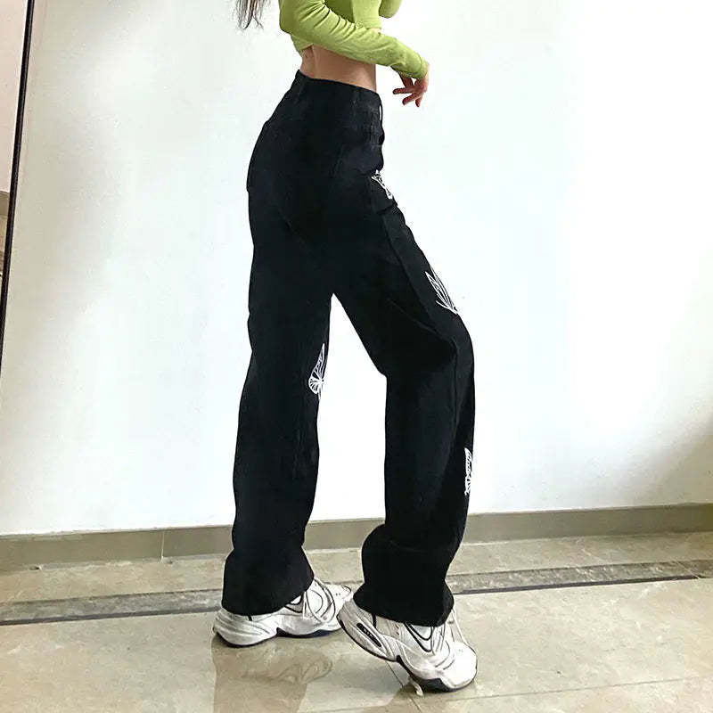 Women's Retro Butterfly Print Jeans - Loose Fit Summer Style