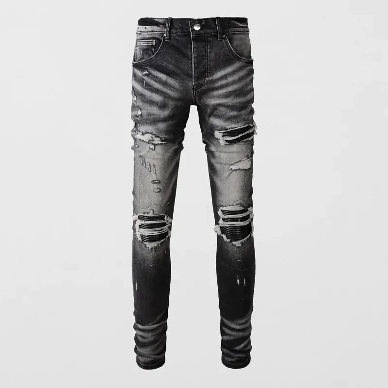 Men's Retro Black Gray Ripped Slim Fit Jeans