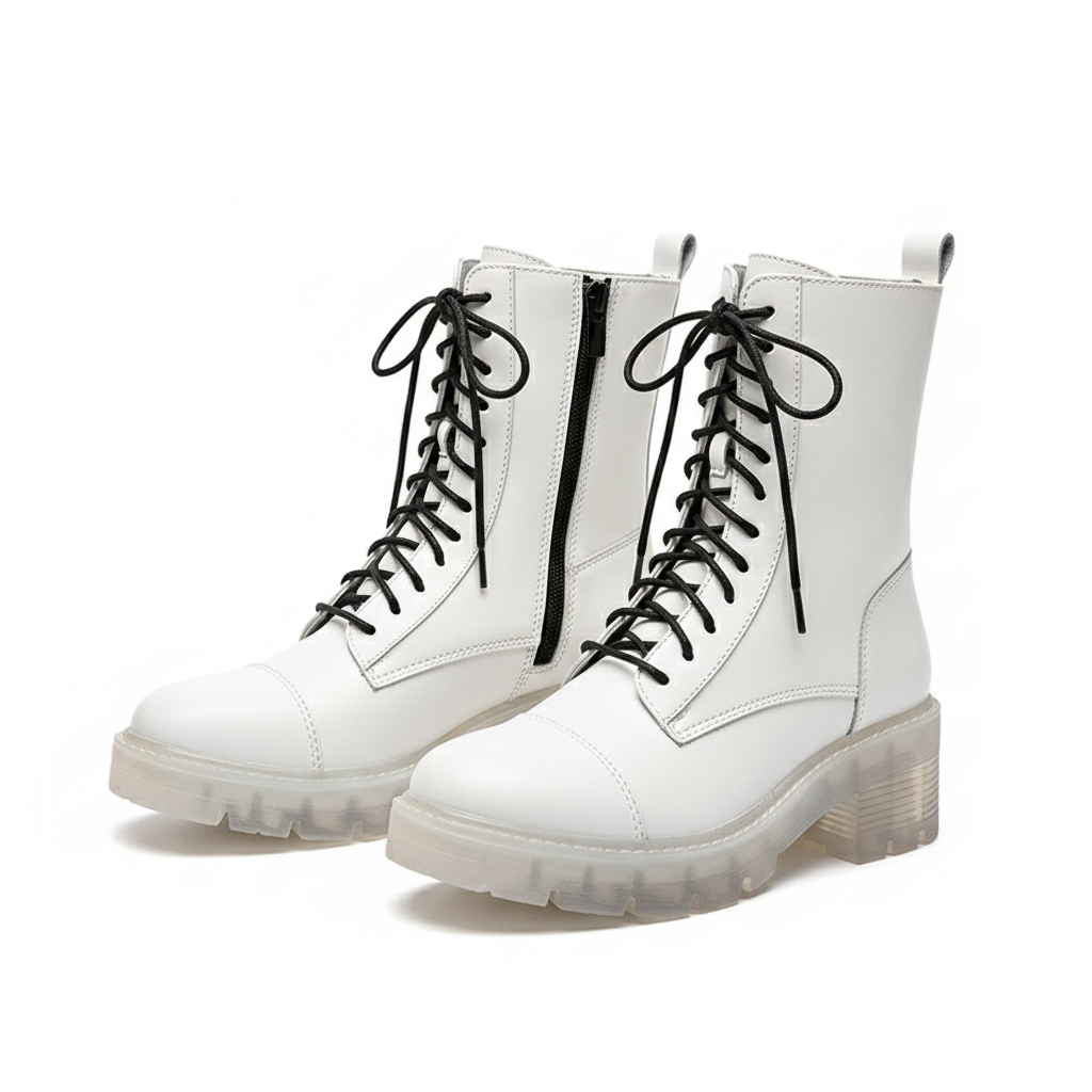 Women's White Crystal Thick Heel Mid-Tube Martin Boots