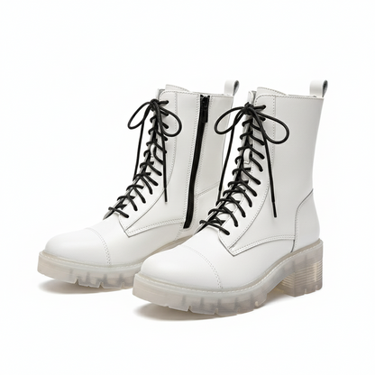 Women's White Crystal Thick Heel Mid-Tube Martin Boots