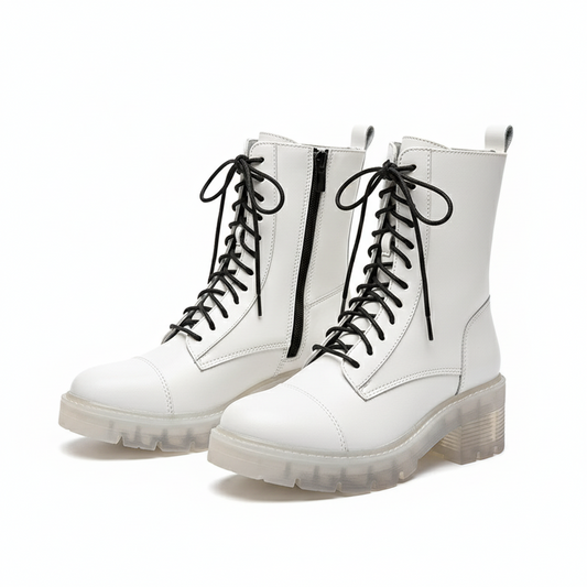 Women's White Crystal Thick Heel Mid-Tube Martin Boots