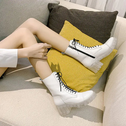 Women's White Crystal Thick Heel Mid-Tube Martin Boots