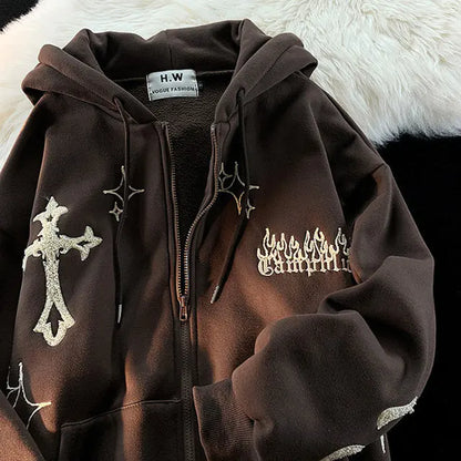 Retro Embroidered Zipper Hoodie Sweatshirt