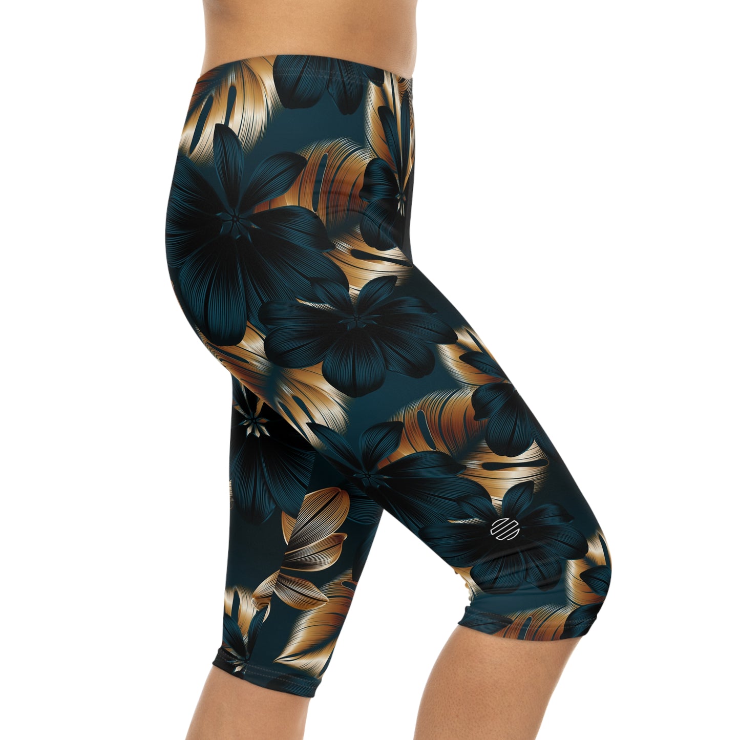 Teal & Gold Tropical Floral Capri Leggings