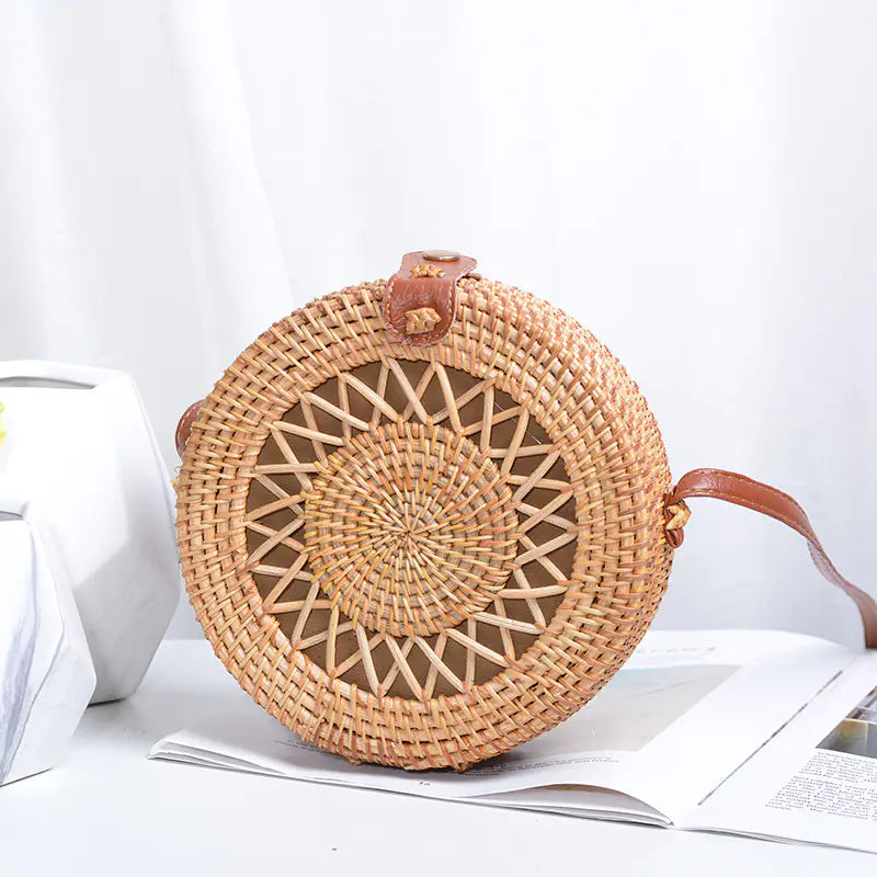 Handmade Rattan Hollow Star Bag with PU Leather Strap