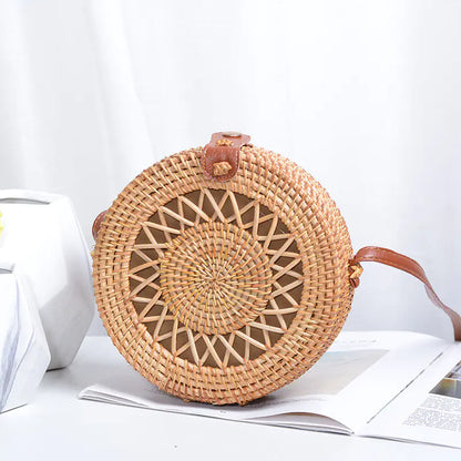 Handmade Rattan Hollow Star Bag with PU Leather Strap