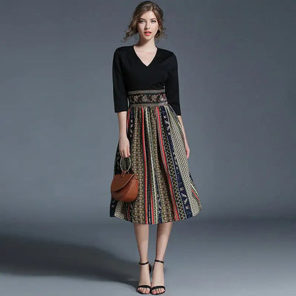 Chic Retro Color Block V-Neck Dress