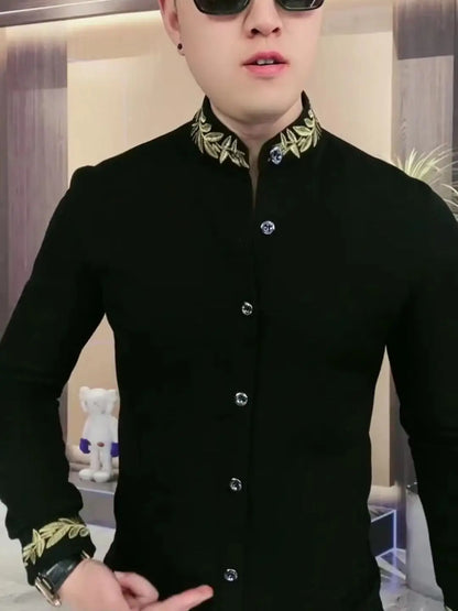 Casual Ethnic Style Men's Fashionable Slim Fit Long Sleeved Sweatshirt Black Trendy Versatile Small Stand Up Collar Shirt