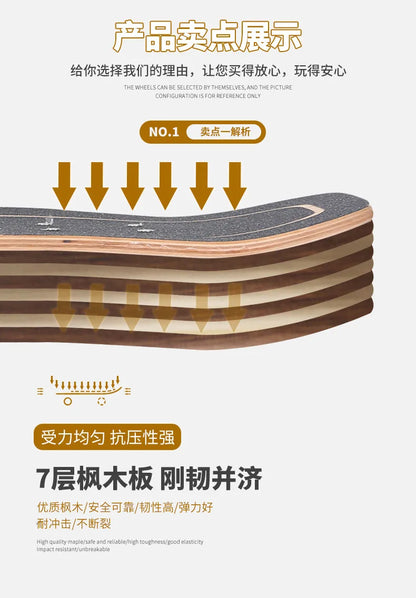Maple Surfskate Longboard, Single Kick Carving Cruiser for Pumping & Street Riding