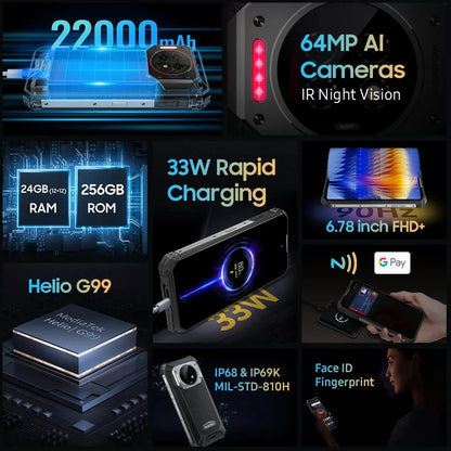 6.8" FHD+ Screen 22000mAh Pro Rugged  Smartphone | 24GB/256GB | 64MP