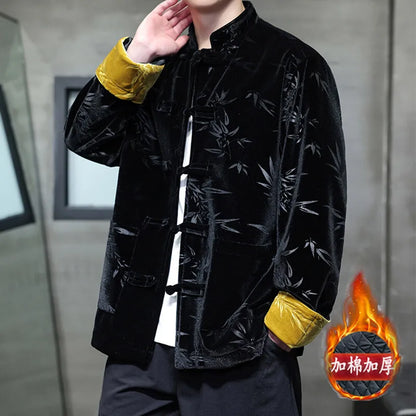 Men's  Velvet Ancient Chinese Style Retro Jackets - Style Bamboo Leaf (Thickened Cotton-padded Coat)
