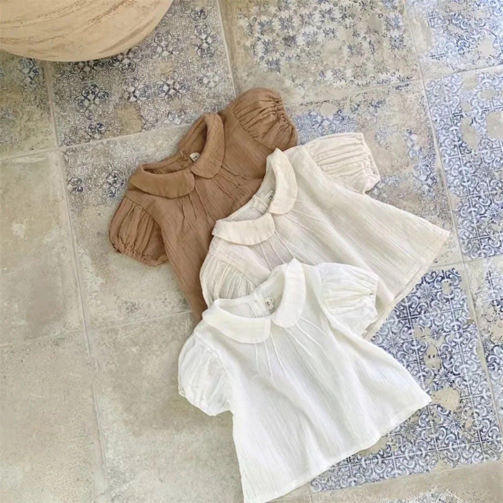 Baby Girl Solid Puff Sleeve Shirts Cotton Short Sleeve T Shirts