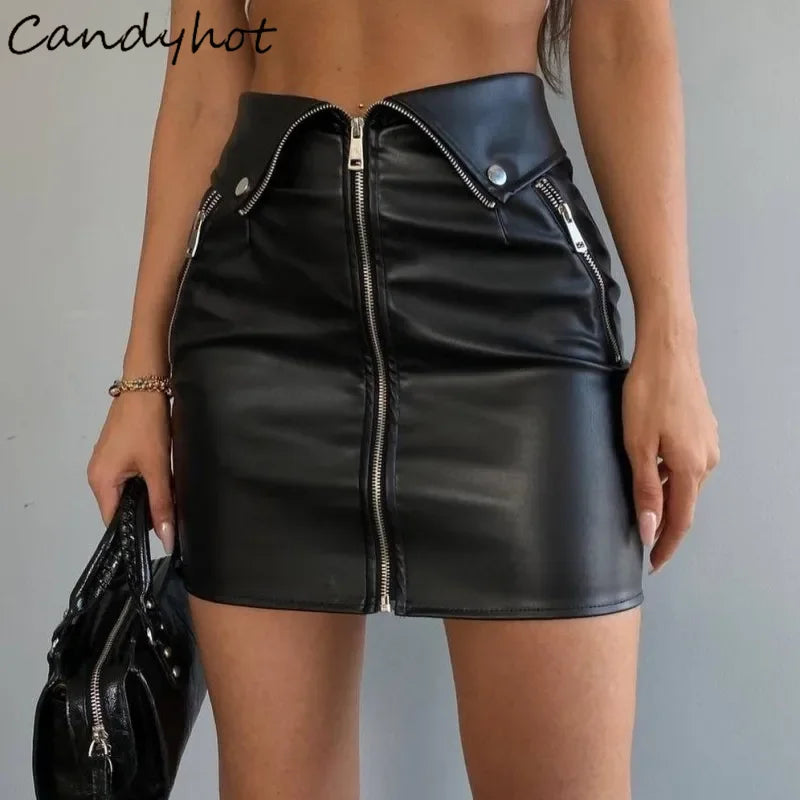 Women's PU Leather Zipper Casual Zipper Skirt