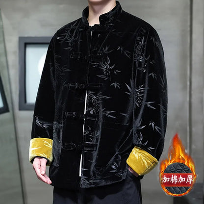 Men's  Velvet Ancient Chinese Style Retro Jackets - Style Bamboo Leaf (Thickened Cotton-padded Coat)