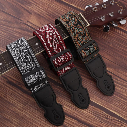 Embroidered Style PU Leather Ends Guitar Strap with Pick Slot