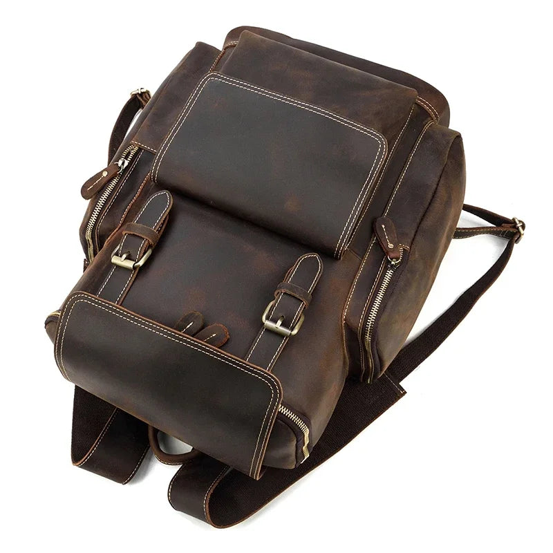 Men's High Capacity Crazy Horse Leather Laptop Backpack
