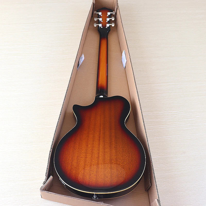 39" High Glossy Flame Maple Top F-hole Design, Classical Head, 6 Strings Electric Guitar