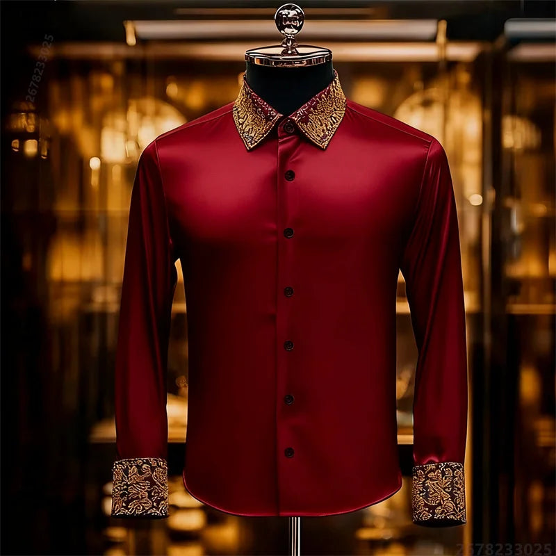 Men's Baroque Gold Pattern Slim Fit Dress Shirt - Sizes XS-6XL