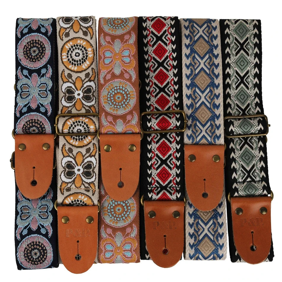P&P Adjustable Embroidered Guitar Strap with Leather End