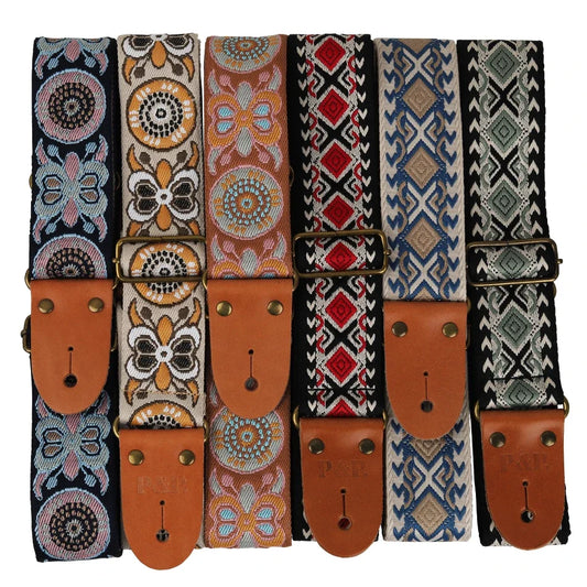 P&P Adjustable Embroidered Guitar Strap with Leather End
