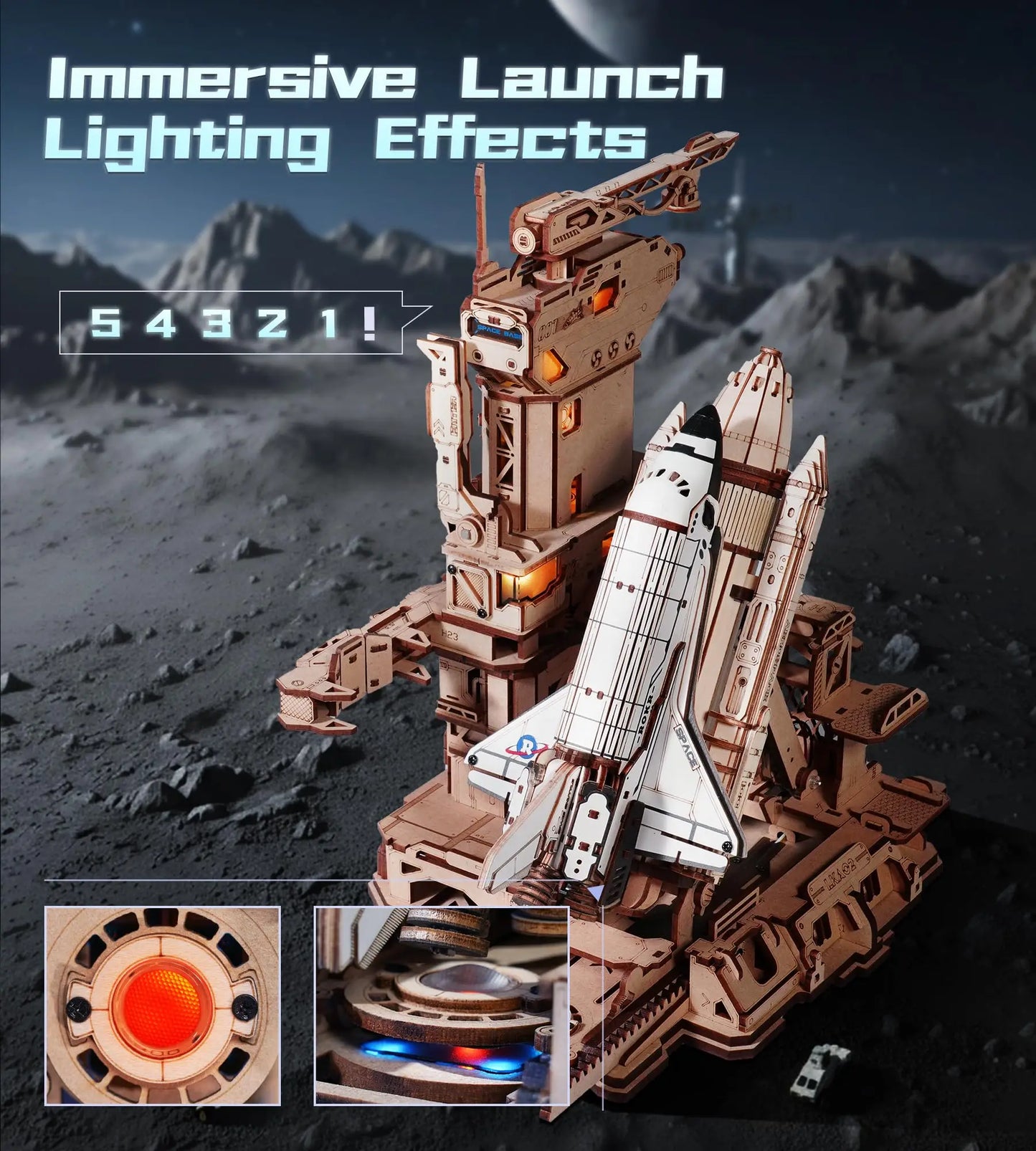 Mechanical Building Set STEM Project | Moving Rocket Launch Tower with Lights 3D Wooden Puzzle