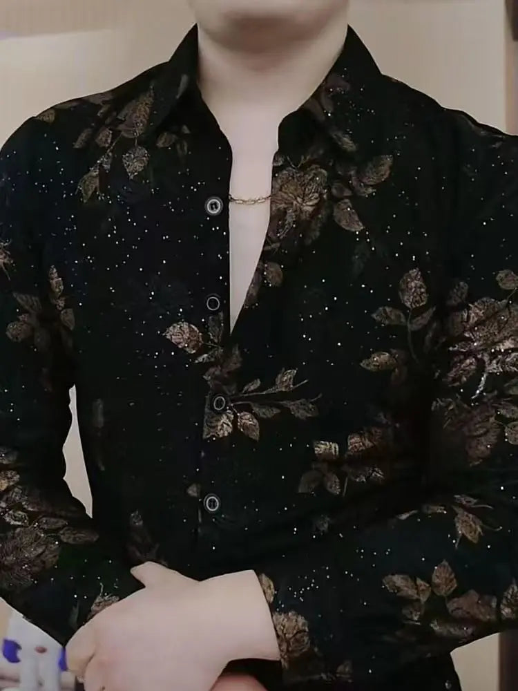 Men's Shirt with Long Sleeves Autumn and Winter Fashion Lapel Trendy Handsome Print Casual Slim Body