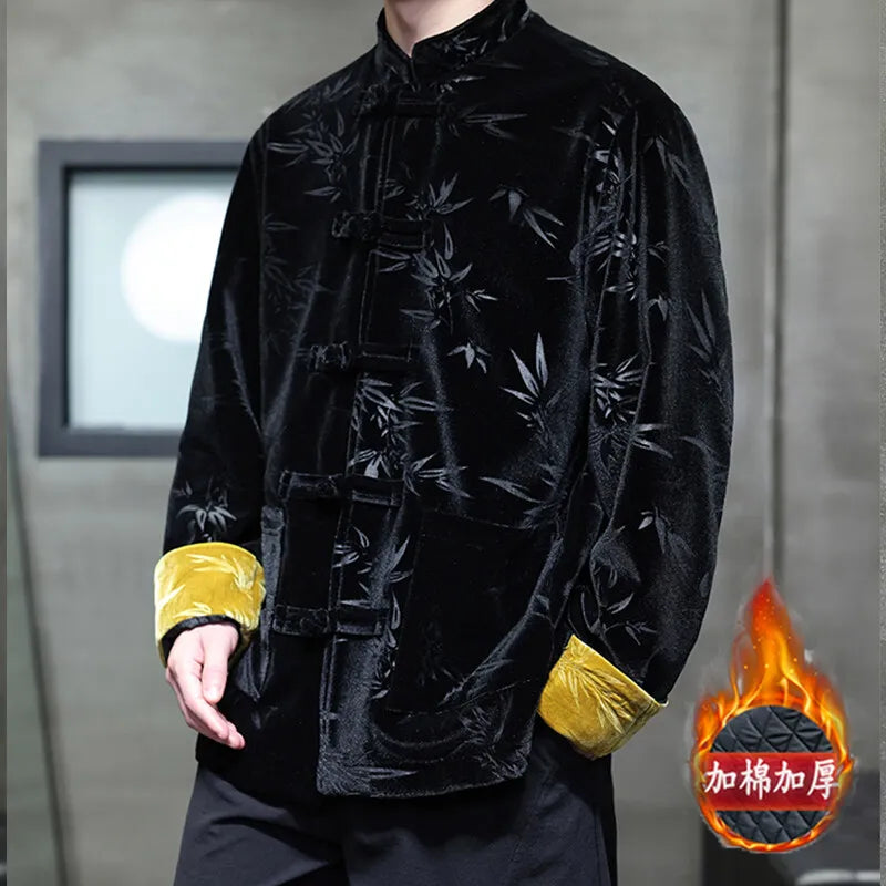 Men's  Velvet Ancient Chinese Style Retro Jackets - Style Bamboo Leaf (Thickened Cotton-padded Coat)
